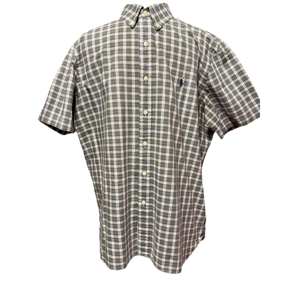 Ralph Lauren Vintage Button Short Sleeve Button Down Size Large Green Plaid